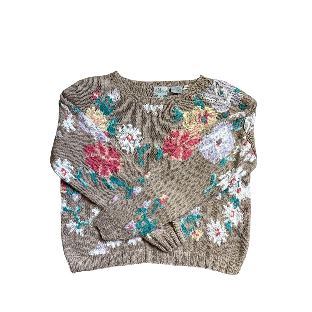Vintage St Malo Floral Knit Sweater Tan Pink Yellow Intarsia Crewneck Womens L
